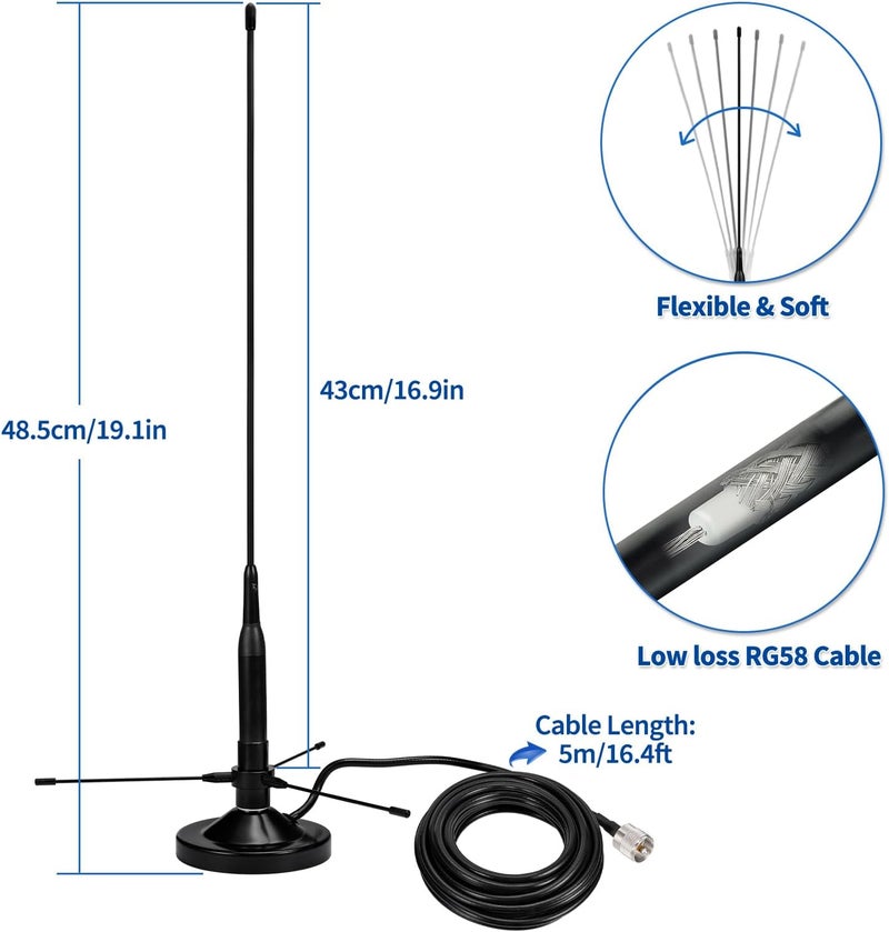 BINGFU Vehicle Mobile Ham Radio Antenna with Ground Planes Dual Band VHF UHF 136-174MHz 400-470MHz Magnetic Base Mount Soft Whip Antenna PL259 Male Connector for Car Marine Amateur Radio - Image 4